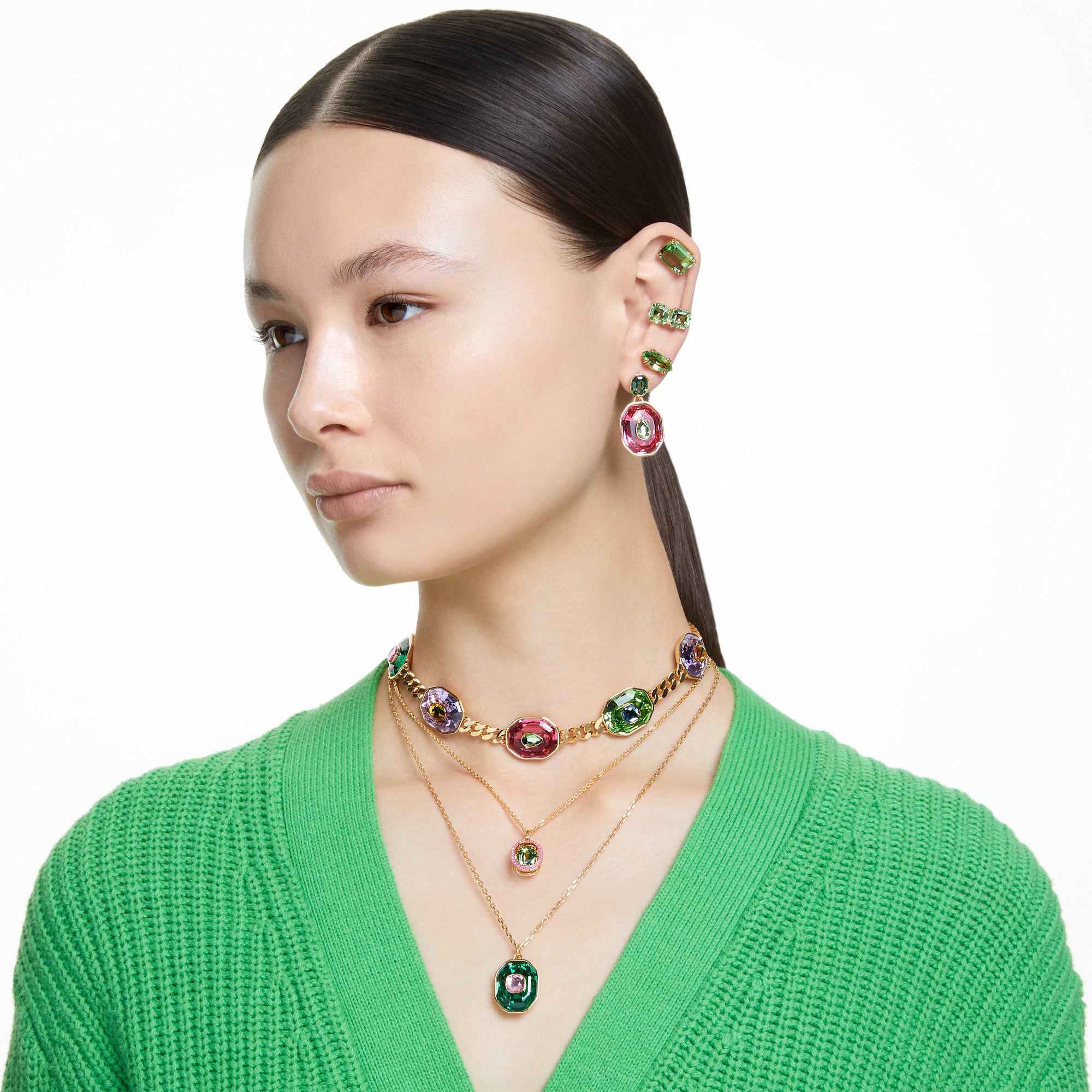 Swarovski Gold Plate Gema Stud Earrings with Green Crystal
