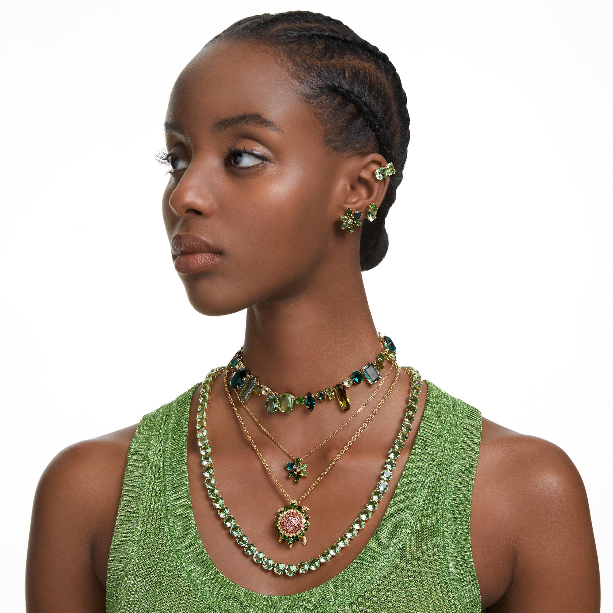 Swarovski Gold Plate Gema Stud Earrings with Green Crystal