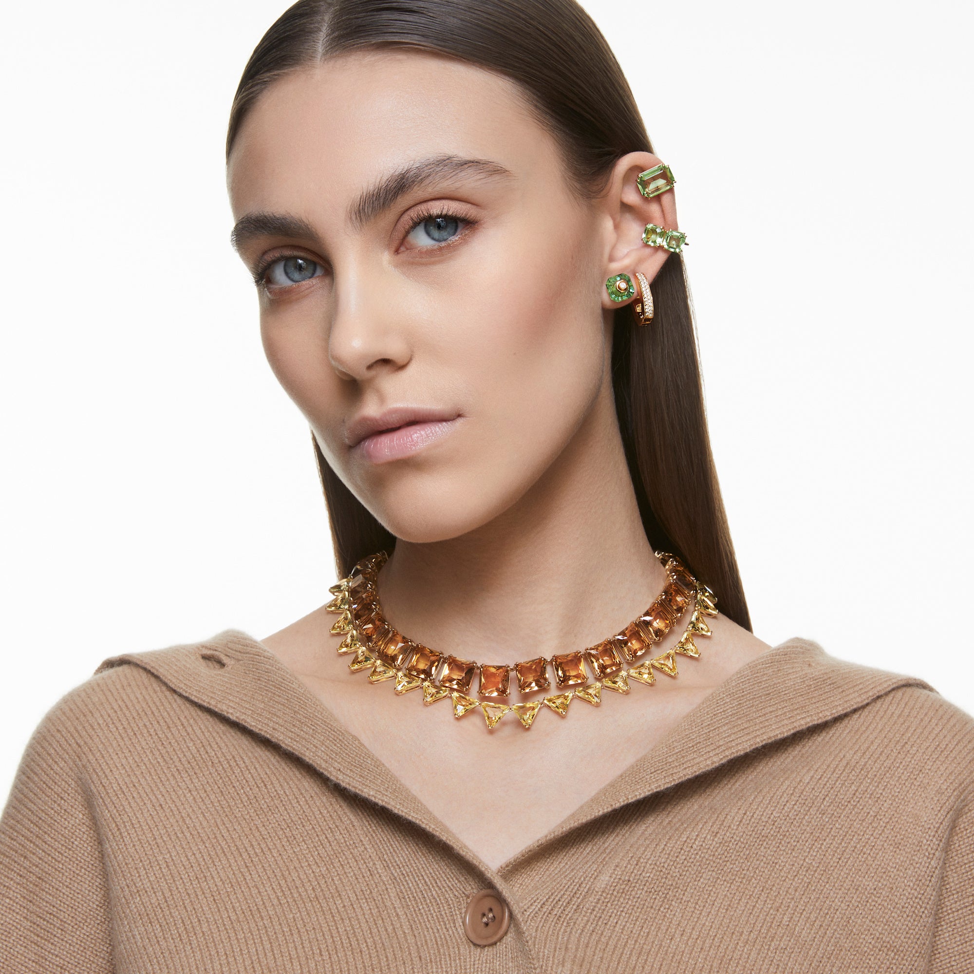 Swarovski Gold Plate Numina Stud Earrings with Green Crystal