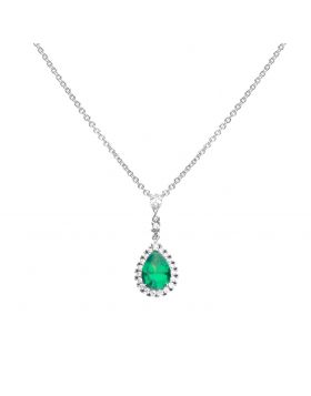 Diamondfire Sterling Silver Green CZ and CZ Halo Teardrop Pendant