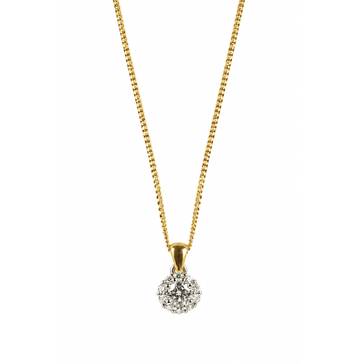 18ct White Gold Round Brilliant Halo Diamond Pendant With 18ct Yellow Gold Chain