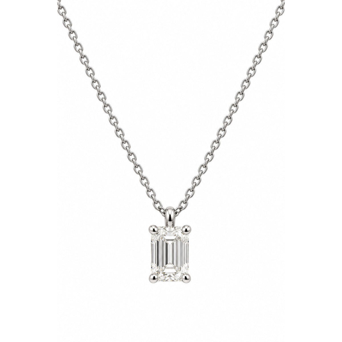 18ct White Gold Emerald Cut 4 Claw Diamond Pendant With Chain