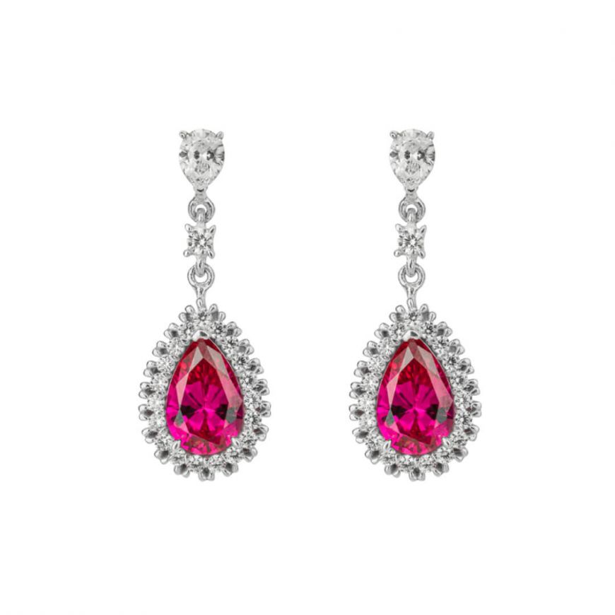 Diamondfire Sterling Silver Red CZ Teardrop Earrings With Pave Surround