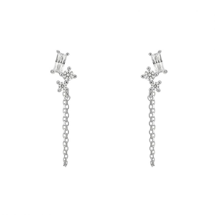 Diamondfire Sterling Silver CZ Baquette Chain Stud Earrings