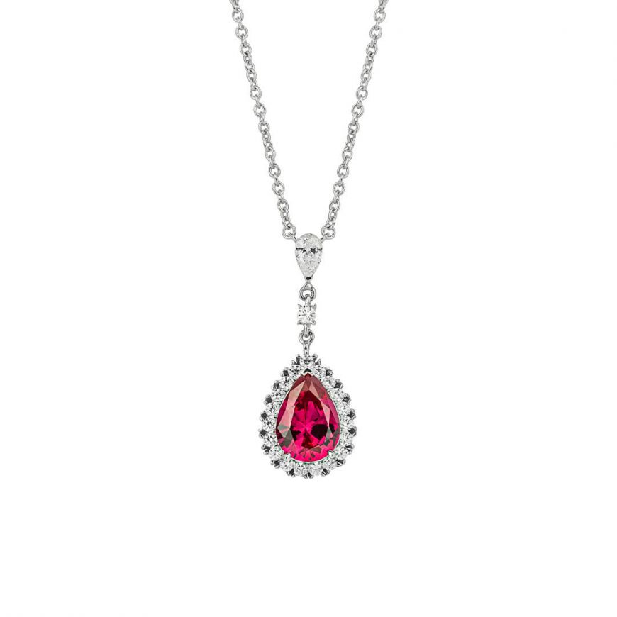 Diamondfire Sterling Silver Red CZ Teardrop Necklace With Pave Surround