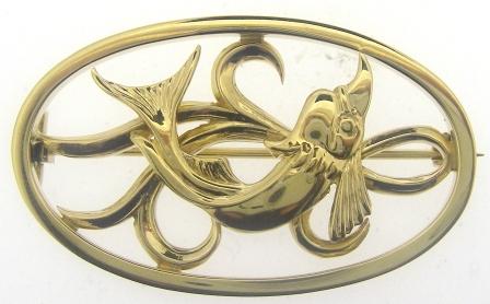 Vintage 9ct Yellow Gold Oval Fish Brooch