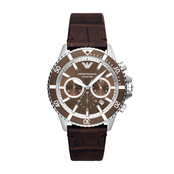 Armani Gents Diver Chronograph Watch Brown Dial with Brown Leather Strap