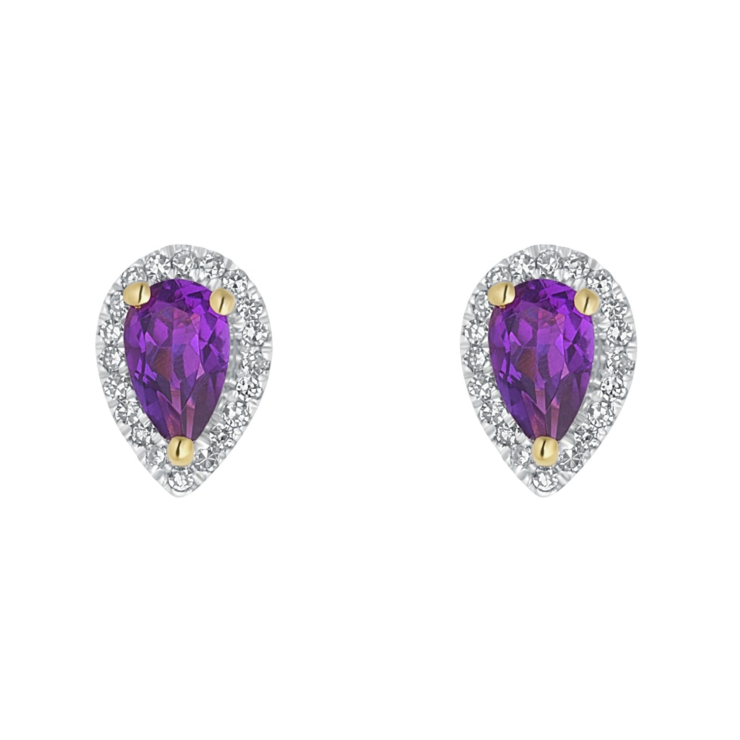 9ct Yellow Gold Amethyst and Diamond Pear Stud Earrings