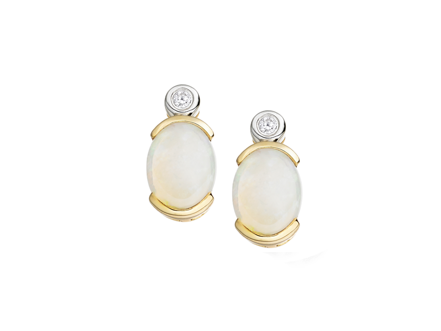 9ct Yellow and White Gold Oval Opal & Diamond Drop Earrings