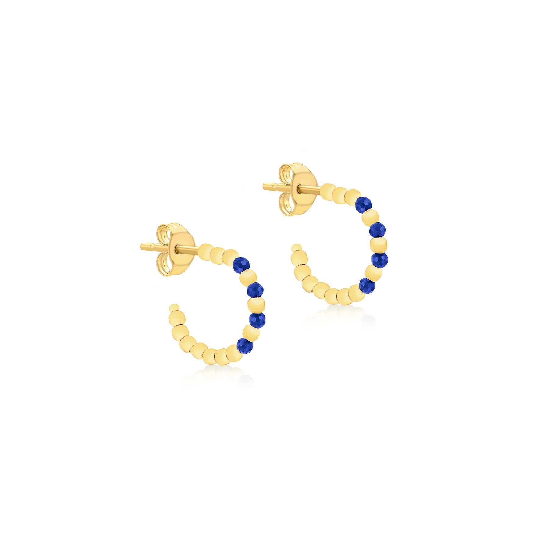 9ct Yellow Gold Beaded Half Hoop Synthetic Blue Spinel Earrings