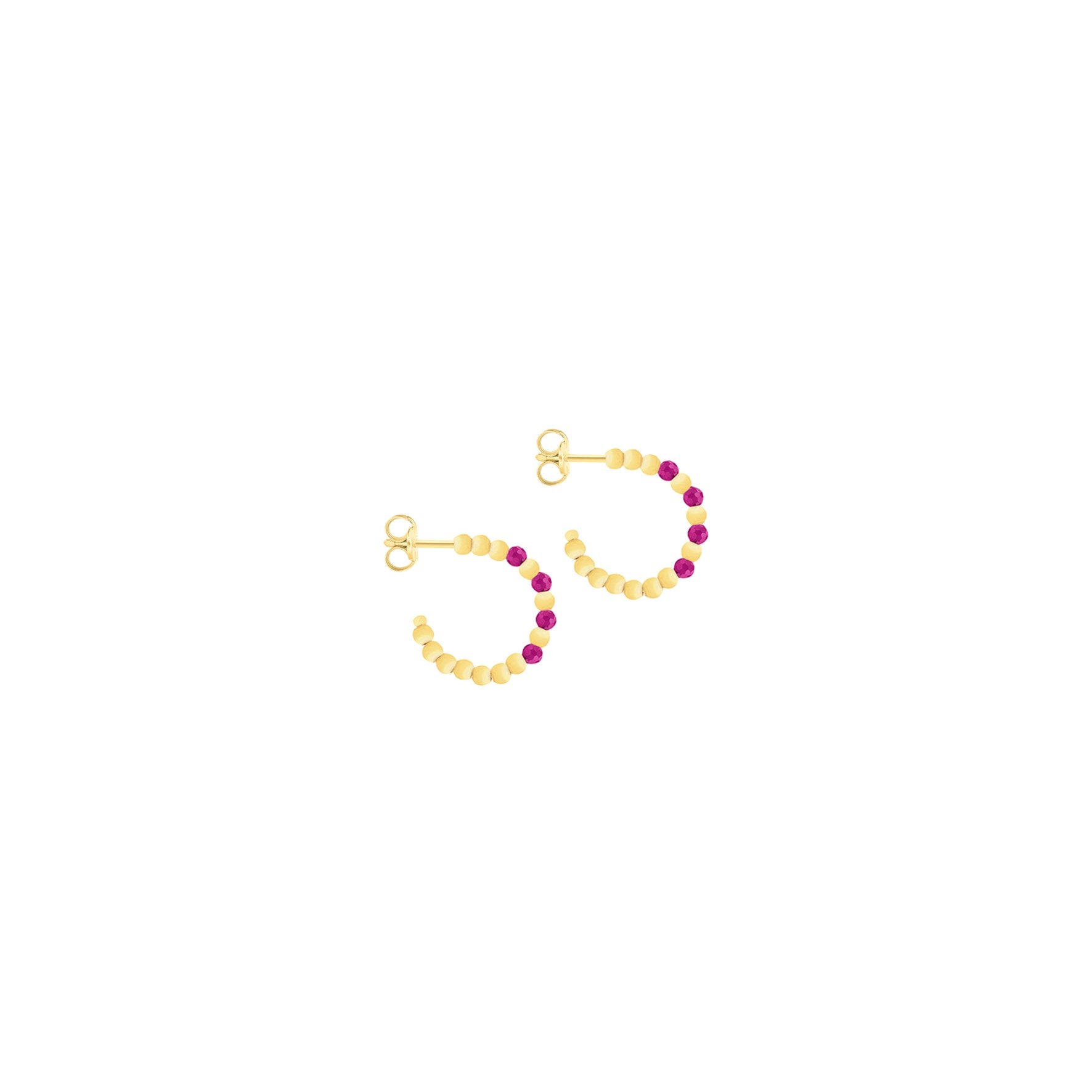 9ct Yellow Gold Beaded Half Hoop With Synthetic Red Corondum Earrings