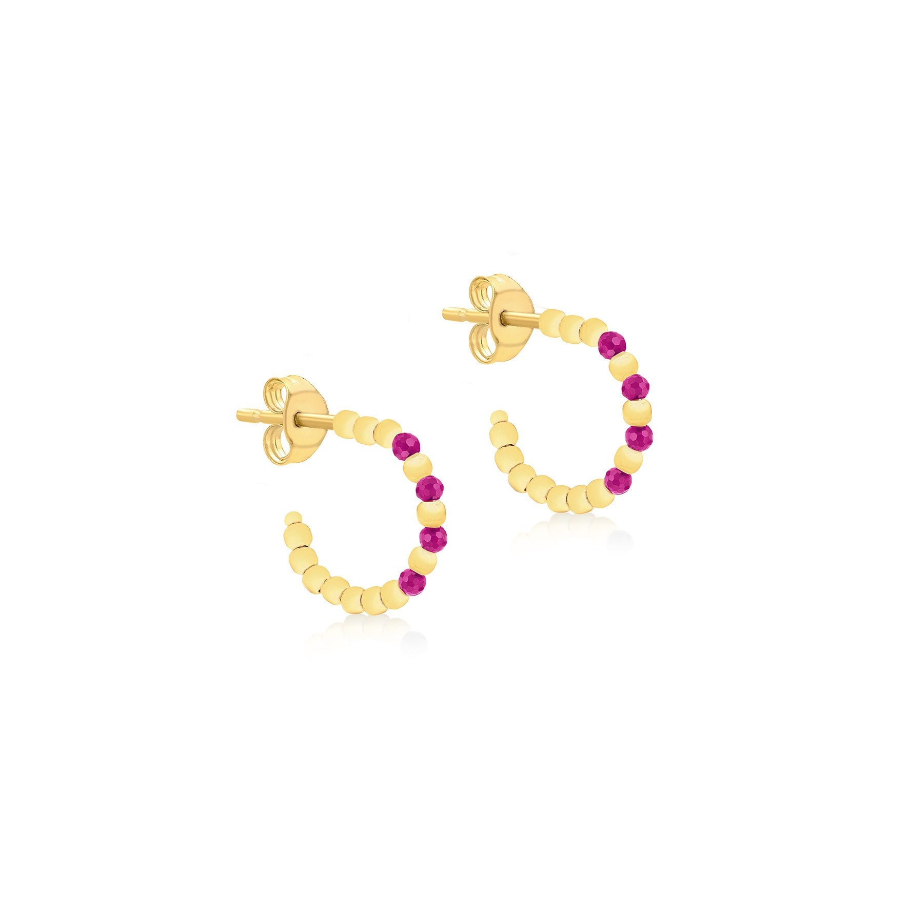 9ct Yellow Gold Beaded Half Hoop With Synthetic Red Corondum Earrings