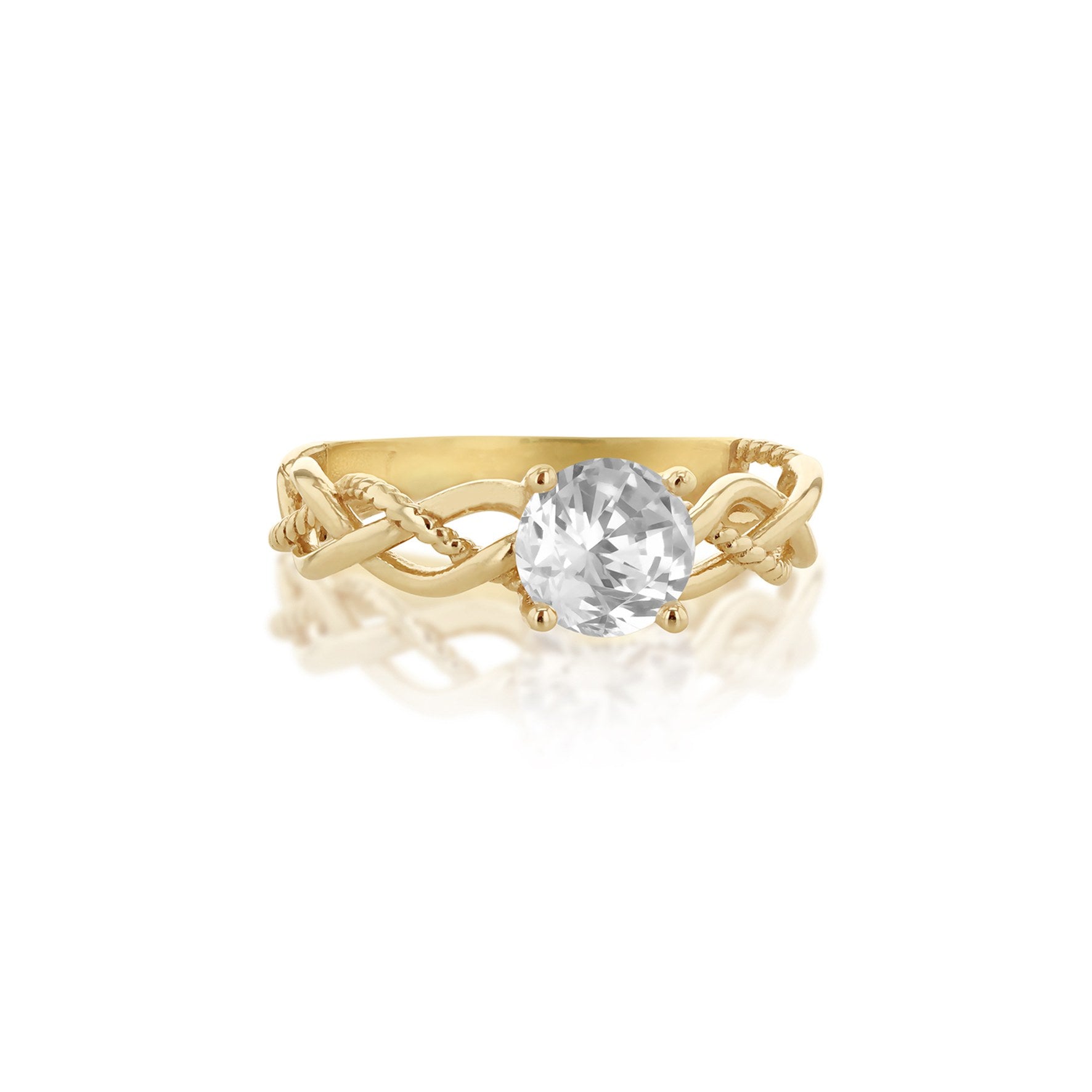 9ct Yellow Gold White Cubic Zirconia Plaited Solitaire Ring