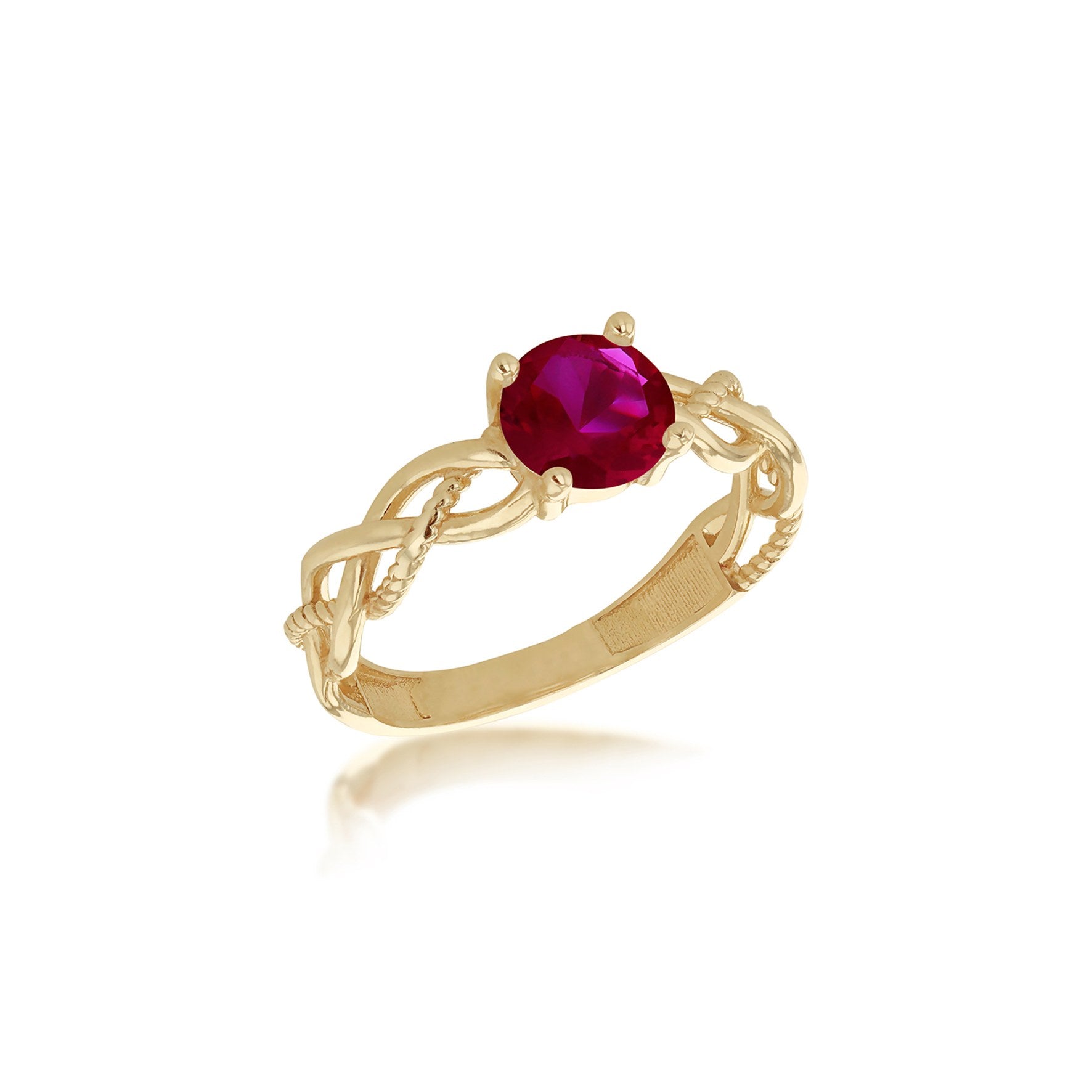 9ct Yellow Gold Red Cubic Zirconia Plaited Solitaire Ring