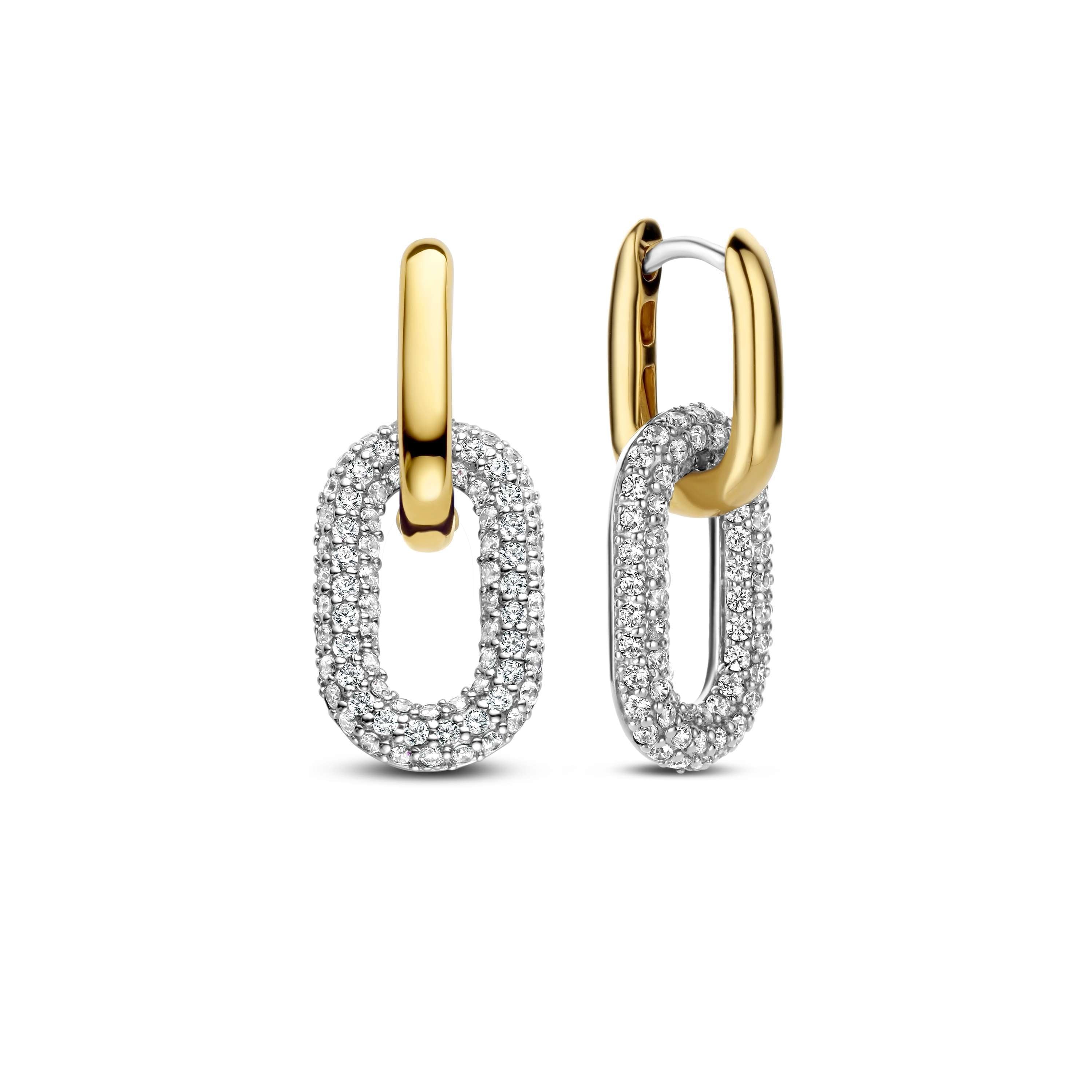 Ti Sento Sterling Silver & Yellow Gold Plated & Black Oval Link Cubic Zirconia Drop Charms Earrings