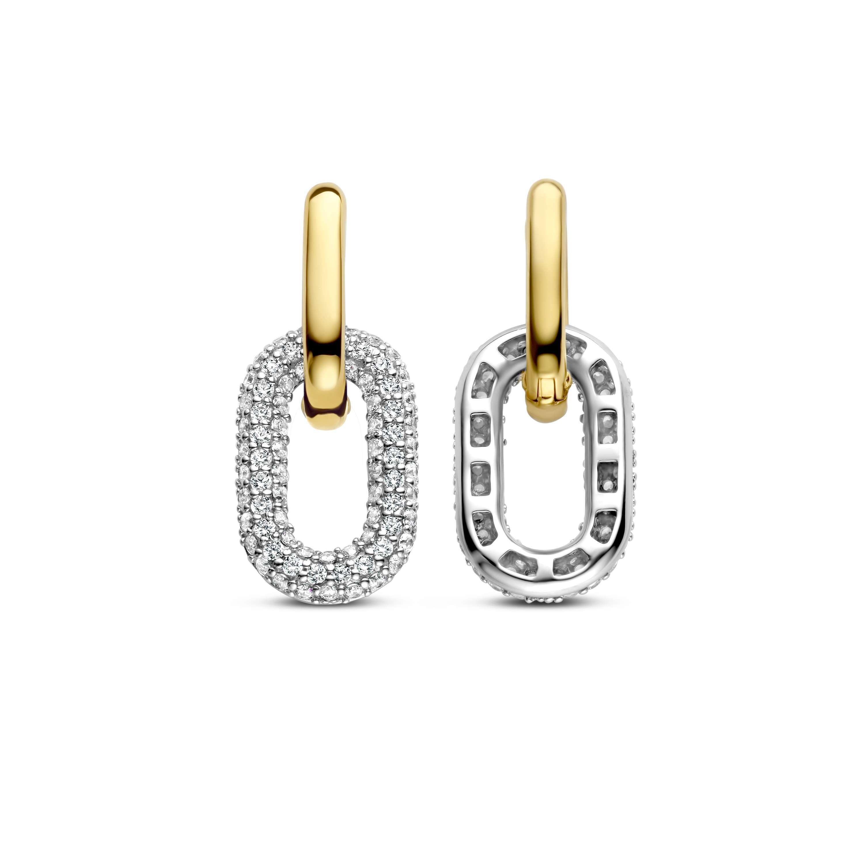 Ti Sento Sterling Silver & Yellow Gold Plated & Black Oval Link Cubic Zirconia Drop Charms Earrings