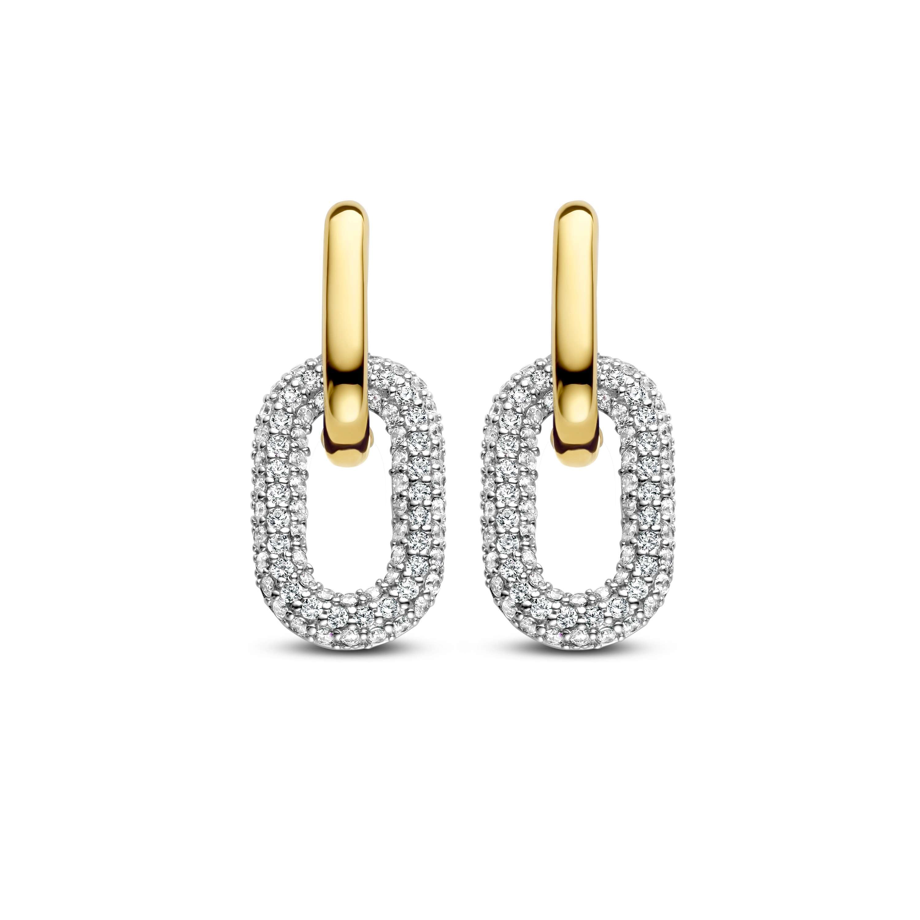 Ti Sento Sterling Silver & Yellow Gold Plated & Black Oval Link Cubic Zirconia Drop Charms Earrings