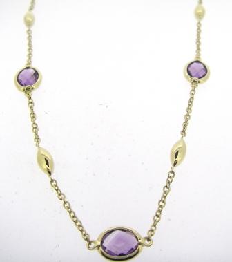 9ct Yellow Gold Amethyst & Marquise Bead Necklet