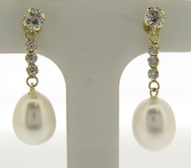 9ct Yellow Gold CZ and Freshwater Pearl Drop Earrings