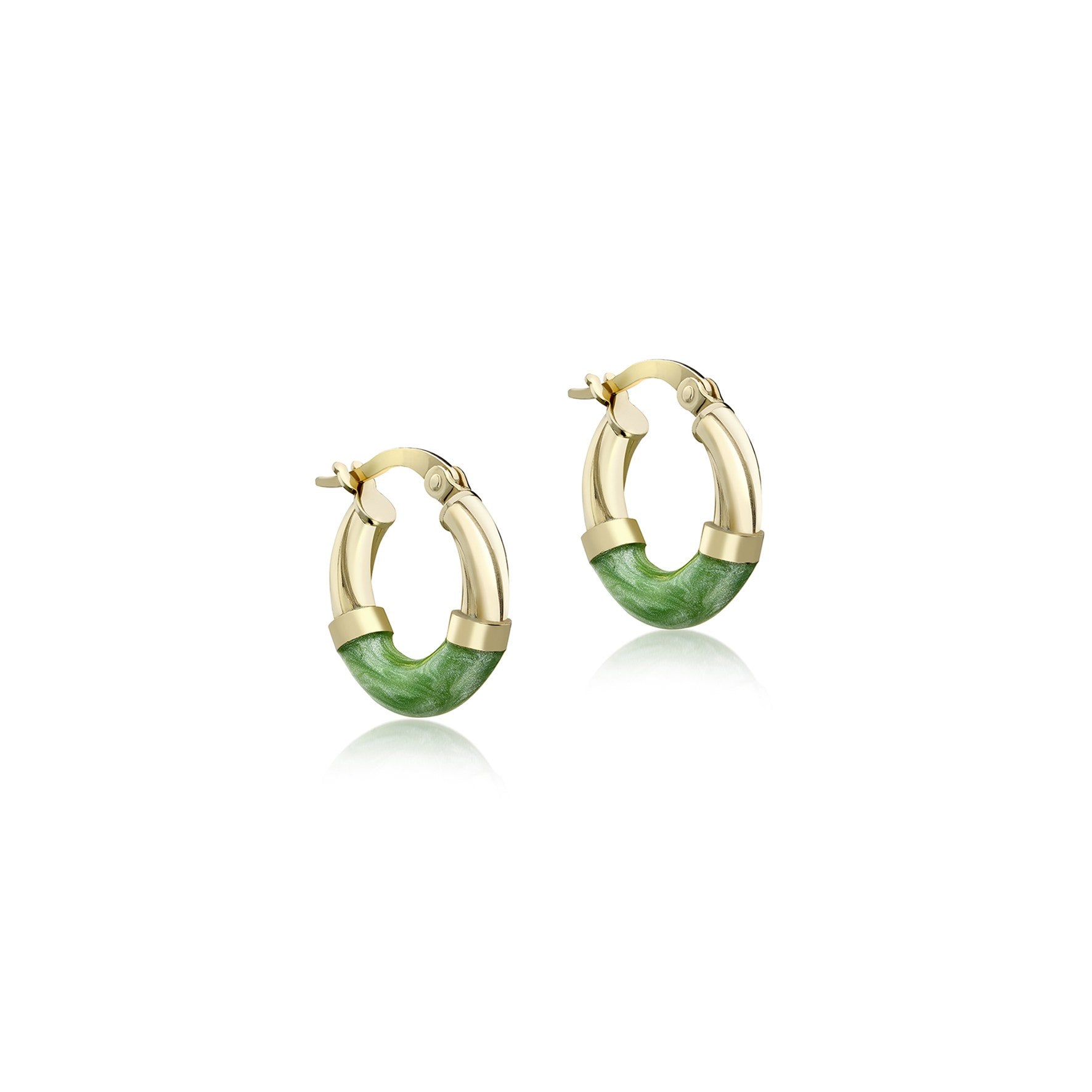 9ct Yellow Gold Green Enamel Tube Hoop Creole Earrings 16.5mm