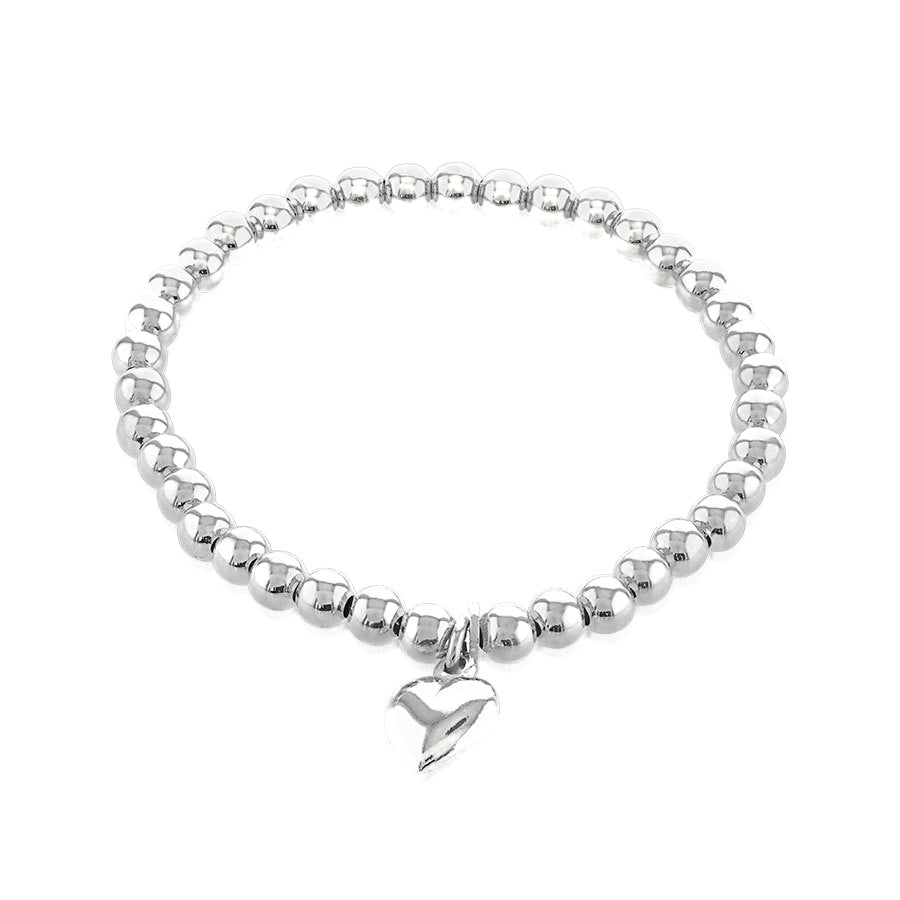 Sterling Silver Elastic Beads with Heart Charm Kids Bracelet 5.5'