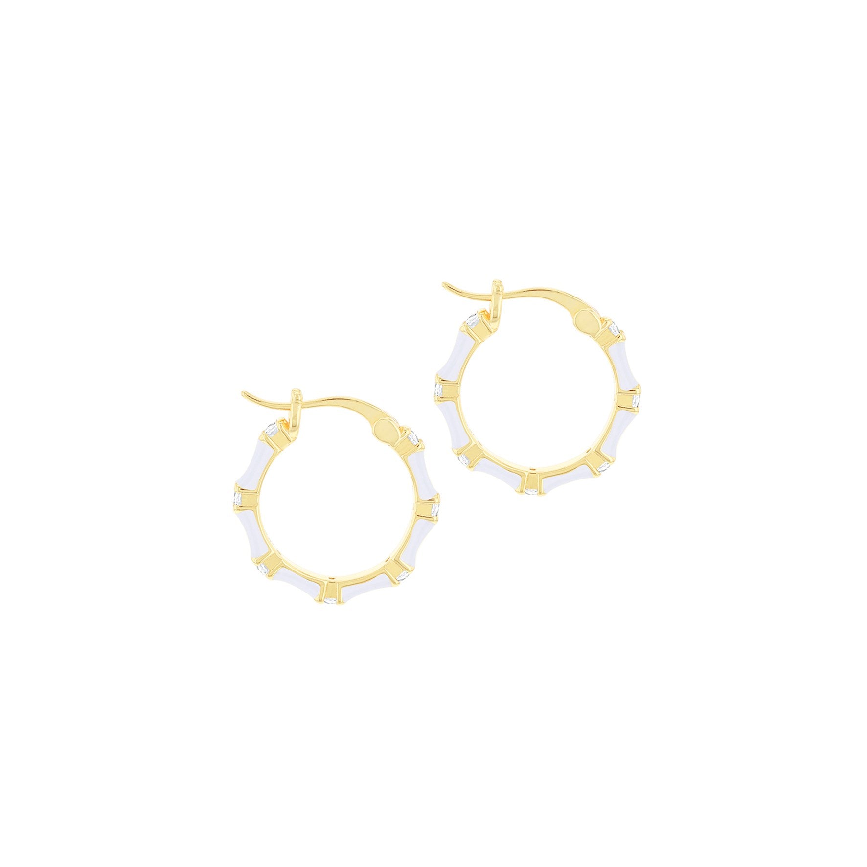 Sterling Silver Yellow Gold Plated White Enamel Cubic Zirconia Hoop Creole Earrings