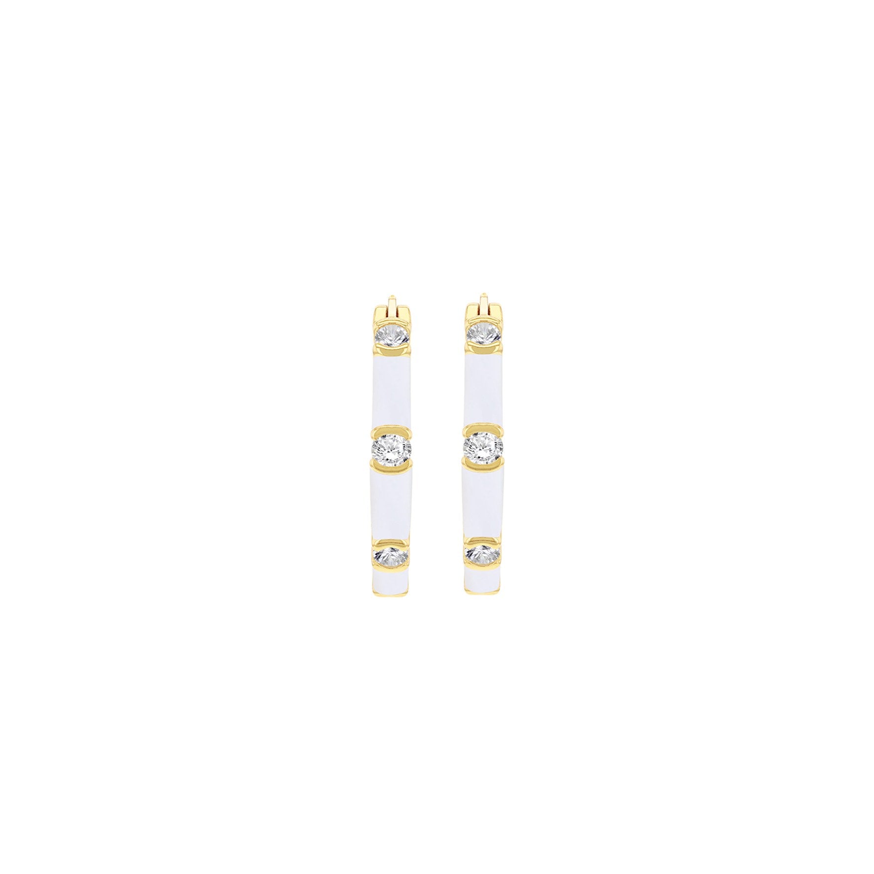 Sterling Silver Yellow Gold Plated White Enamel Cubic Zirconia Hoop Creole Earrings