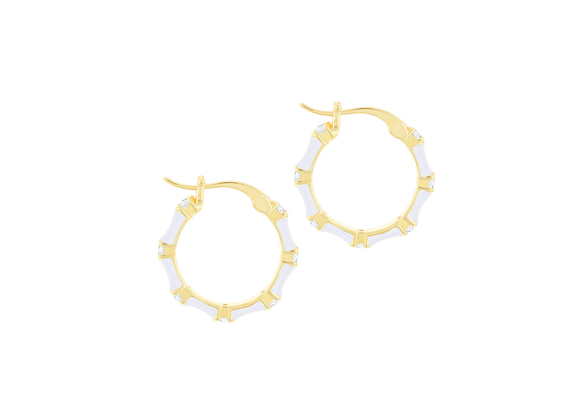 Sterling Silver Yellow Gold Plated White Enamel Cubic Zirconia Hoop Creole Earrings