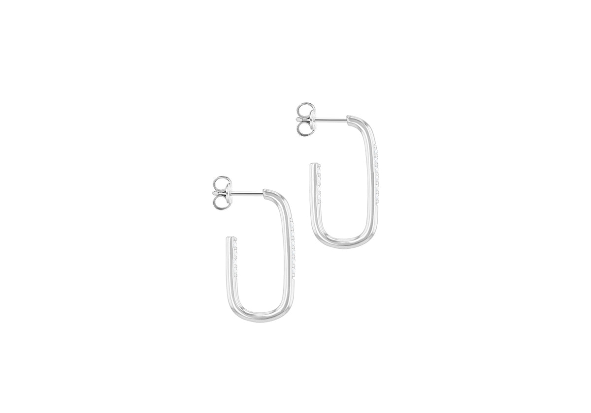 Sterling Silver Rhodium Plated Cubic Zirconia Rectangular Half Hoop Earrings