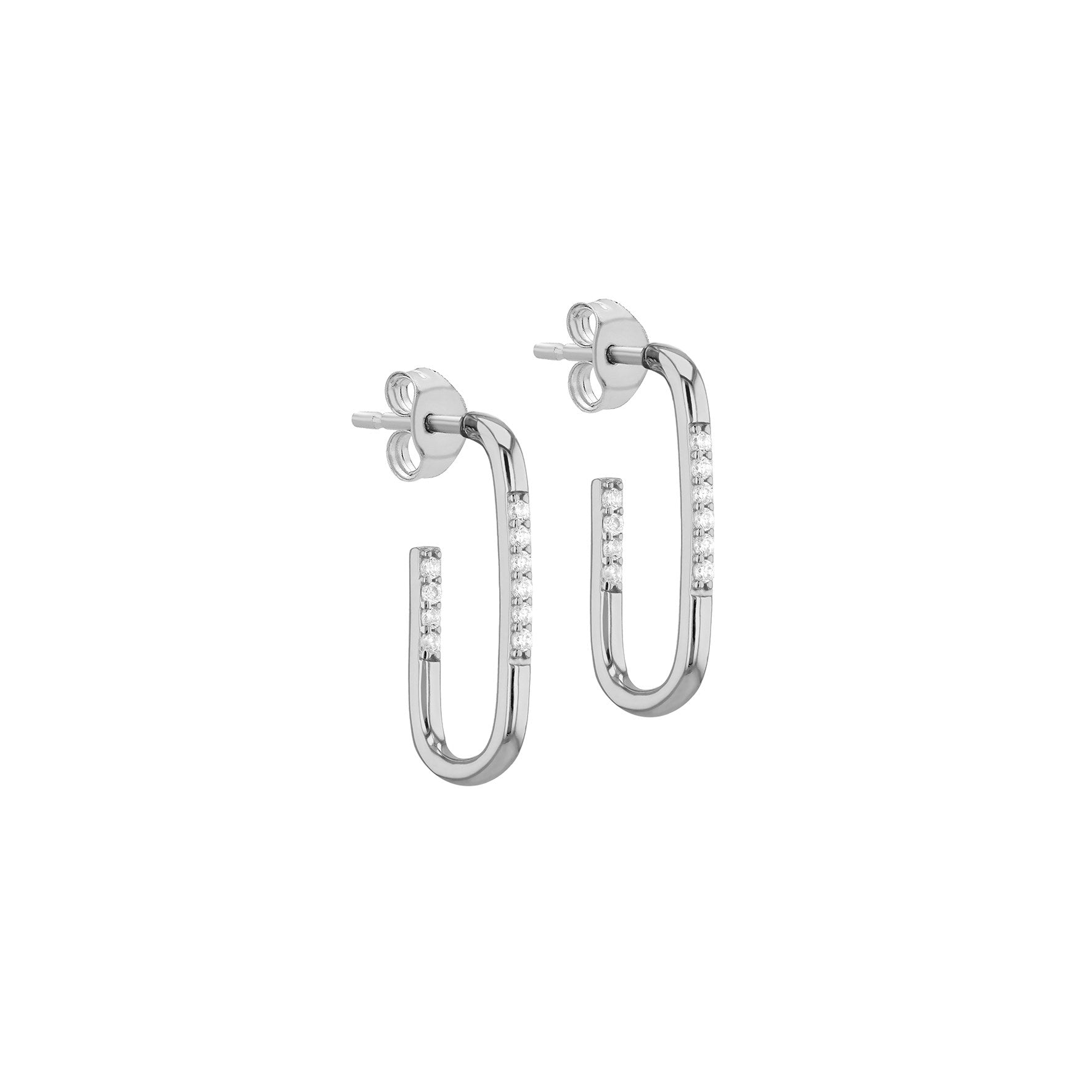 Sterling Silver Rhodium Plated Cubic Zirconia Rectangular Half Hoop Earrings
