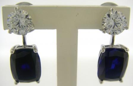 Sterling Silver Blue Cushion Cut CZ with Round White CZ  Drop Earrings