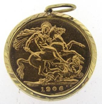 Vintage 9ct Yellow Gold Full Sovereign Pendant With 22ct Gold 1906 King Edward V11 Full Sovereign Coin