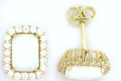 9ct Yellow Gold Round Opal & CZ Stud Earrings