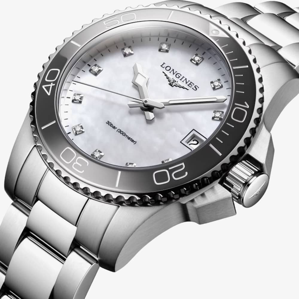 Longines Ladies HydroConquest Quartz Watch 32mm Ceramic Bezel Mother of Pearl Dial with Diamond Hour Markers