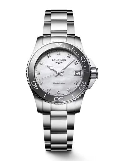 Longines Ladies HydroConquest Quartz Watch 32mm Ceramic Bezel Mother of Pearl Dial with Diamond Hour Markers
