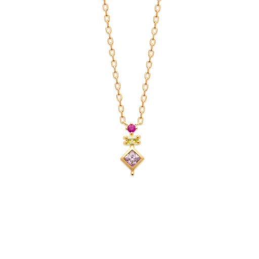 Burren - Colourful Meaning, Yellow Gold Plated Pink Ruby, Smokey Quartz and Amethyst Colour Stone Necklace