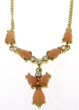 Vintage 18ct Yellow Gold Coral And Diamond Necklet