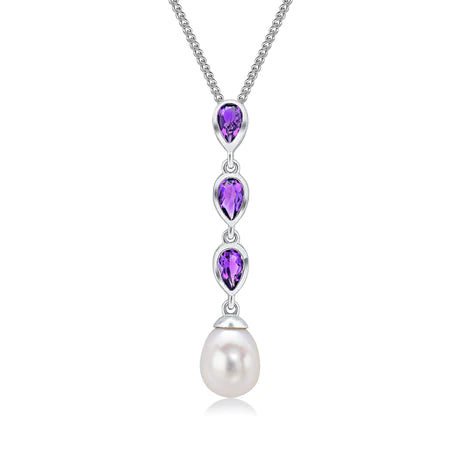 9ct White Gold Pearl & Amethyst Triple Drop Pendant
