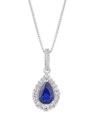 Sterling Silver Synthetic Sapphire And Cubic Zirconia Pear Cluster Pendant