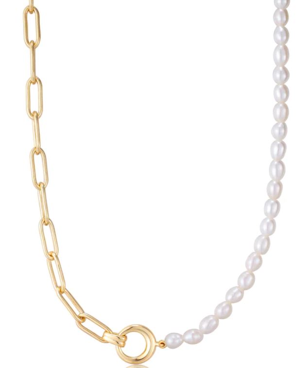 Ania Haie Silver and Yellow Gold Plated Iridescent Pearl With Chunky Link Chain Necklace 38-43cm