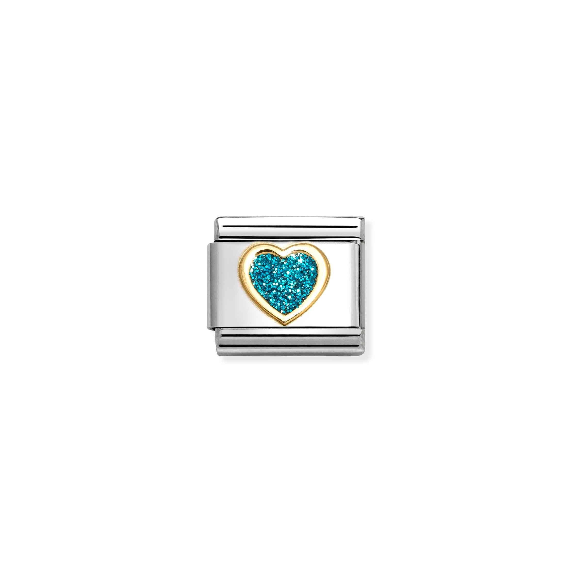 Nomination Composable Classic Light Blue Glitter Heart Charm - Stainless Steel & Yellow Gold with Enamel