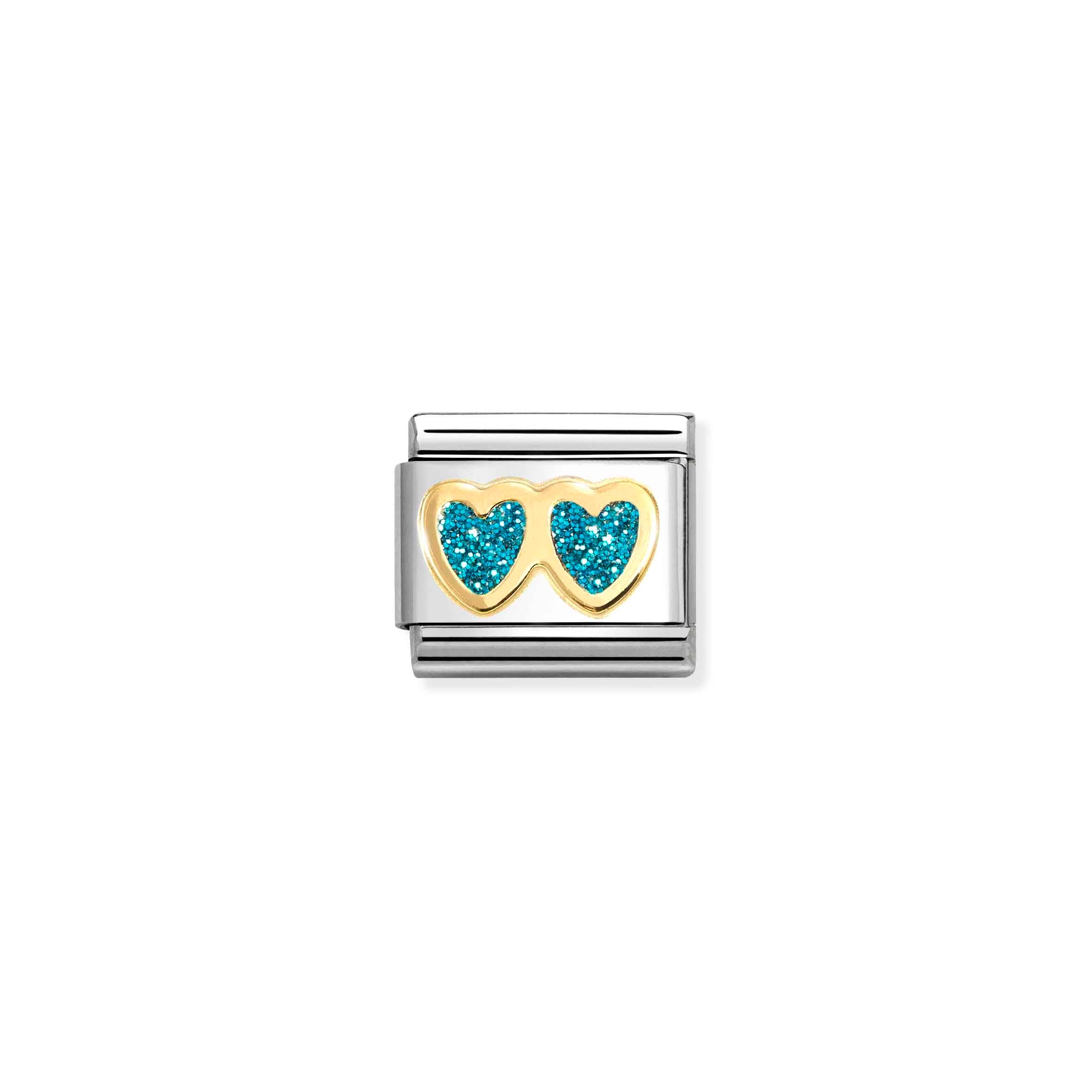 Nomination Composable Classic Light Blue Double Heart Glitter Charm - Stainless Steel & Yellow Gold with Enamel