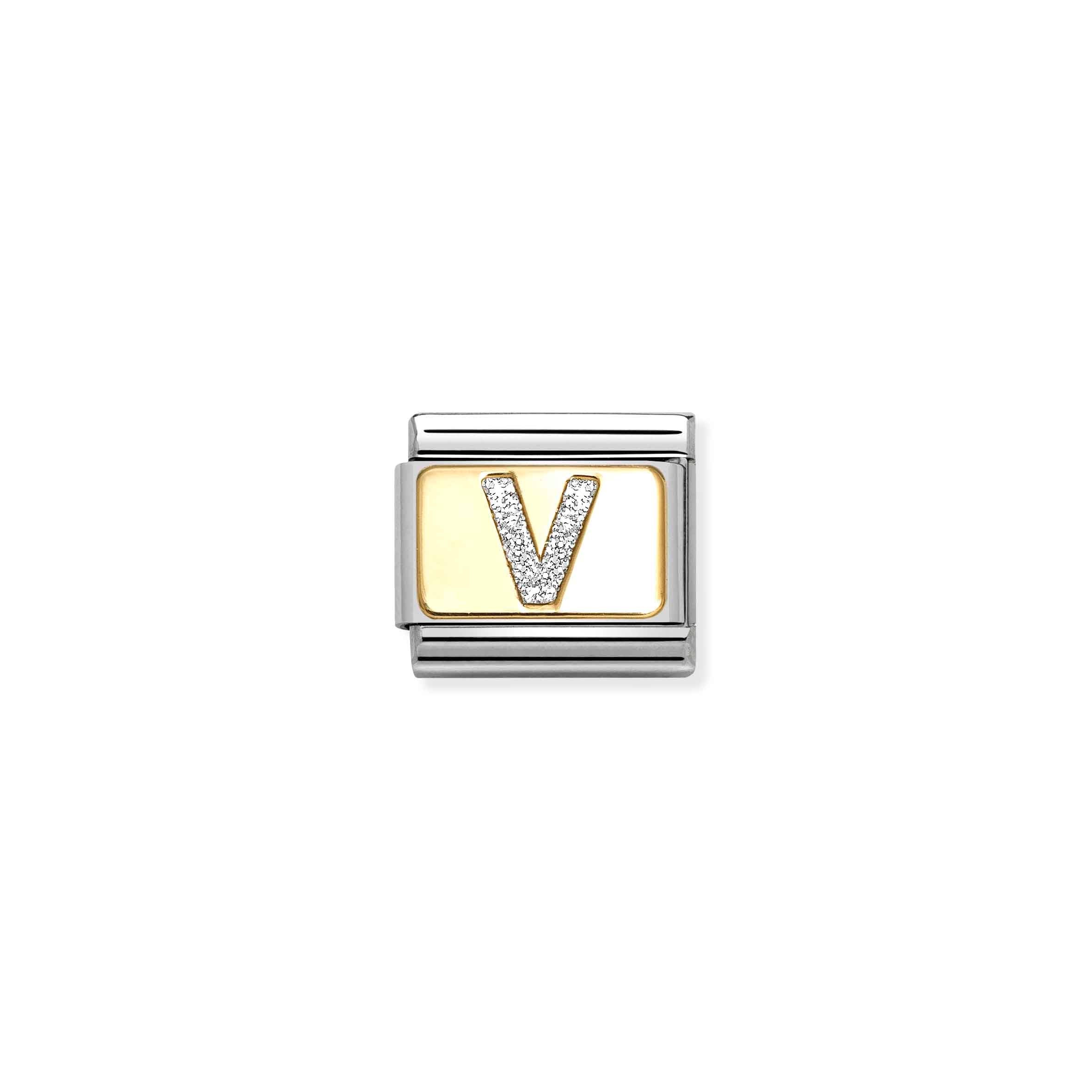 Nomination Composable Classic Glitter Letter V Charm - Stainless Steel & Yellow Gold with Glitter Enamel