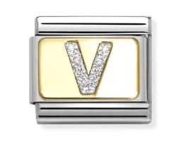 Nomination Composable Classic Glitter Letter V Charm - Stainless Steel & Yellow Gold with Glitter Enamel