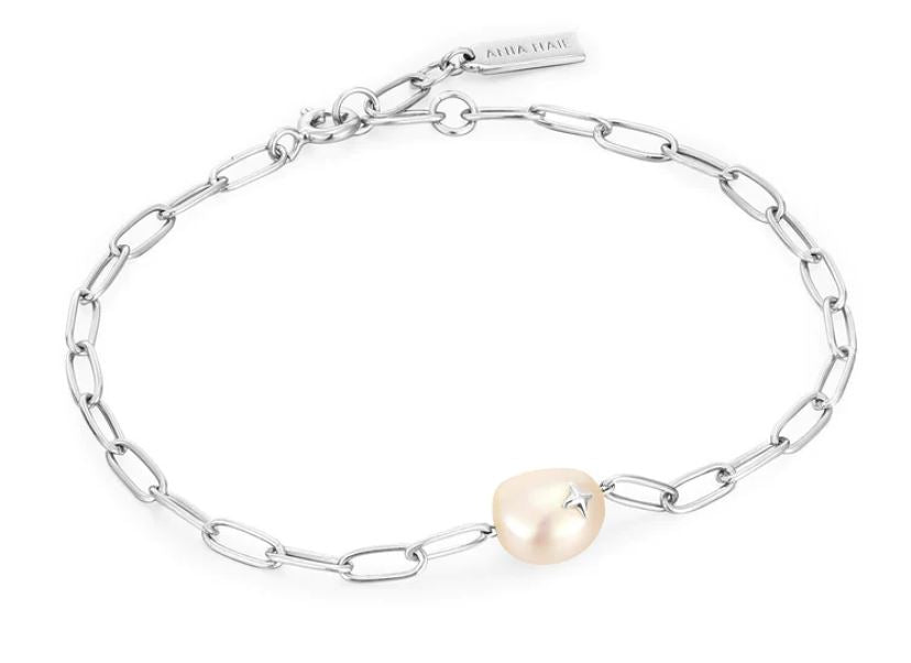 Ania Haie Silver Sparkle Chunky Chain Bracelet with Iridescent Pearl