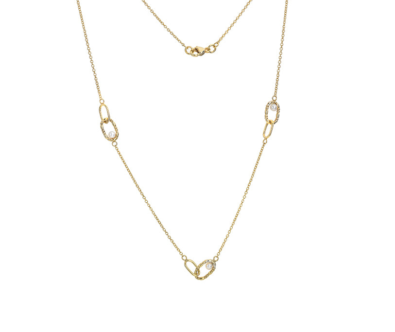 9ct Yellow Gold Oblong Link and Pearl Necklace