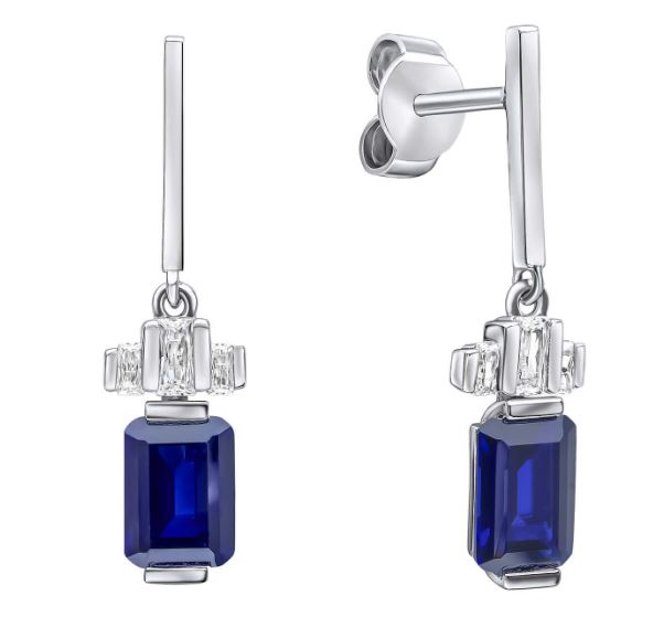 Diamondfire Sterling Silver Emerald Cut Synthetic Sapphire And CZ Drop Earrings