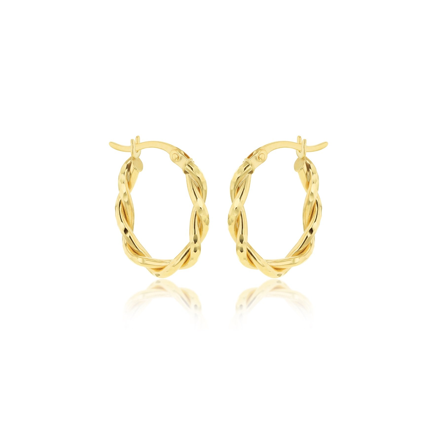 9ct Yellow Gold Diamond Cut Twist Oval Hoop Earrings 19mm