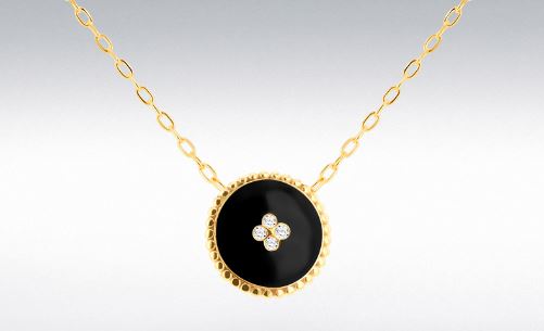 9ct Yellow Gold Round Black Enamel And Diamond Necklace