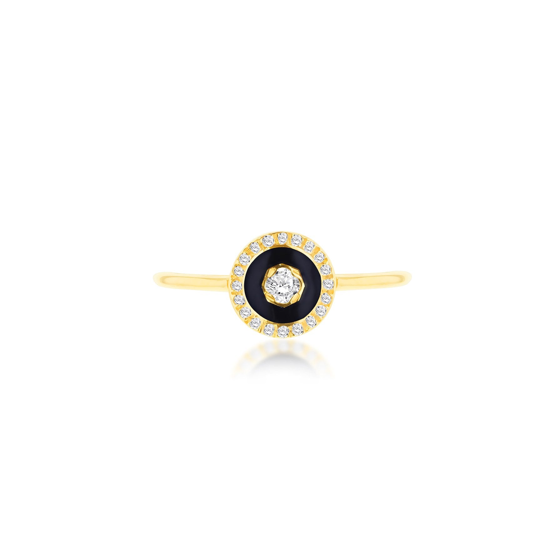 9ct Yellow Gold Round Black Enamel with Diamonds Ring